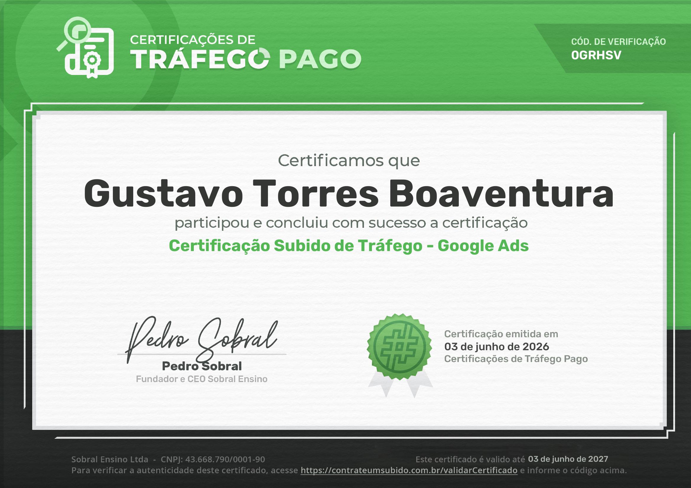 Certificação Subido de Tráfego - Google Ads - Gustavo Torres Boaventura